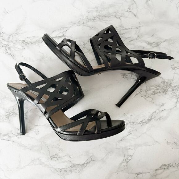 DVF Black Laser Cut Leather Stiletto Heel Open Toe Sandal Women’s Size 10‎ - Picture 1 of 13